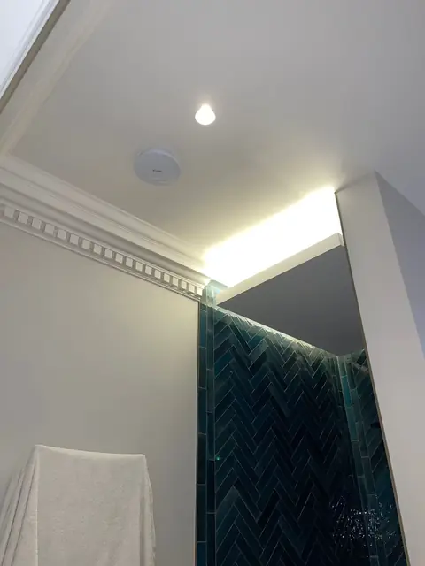 Dark blue herringbone tiled shower with ceiling coving and modern lighting.